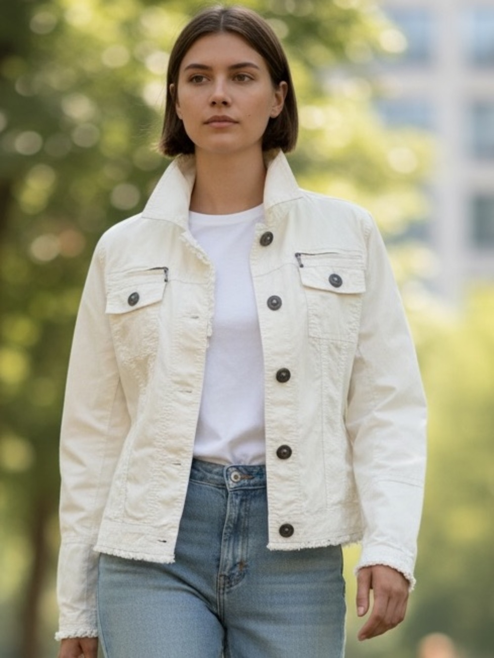 GEORGE COTTON OFF WHITE COASTAL WESTERN JACKET W 2 CHEST POCKETS & RUFFLE EDGING